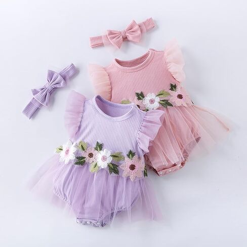 Infant Baby Girl Tutu Skirt Romper Dress Ruffle Sleeve Flower Embroidery Mesh Lace Princess Jumpsuit +Bowknot Headband in Saudi Arabia