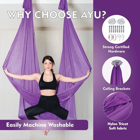 Aerial Silks Kit - 2 Daisy Chains, 2 Stainless Steel Carabiners, 8 Expansion Screws For Concrete Structure, 2 Ceiling Brackets For Aerial Arts & Fitness With Guide, Soft Silk For Smooth Movement in Saudi Arabia