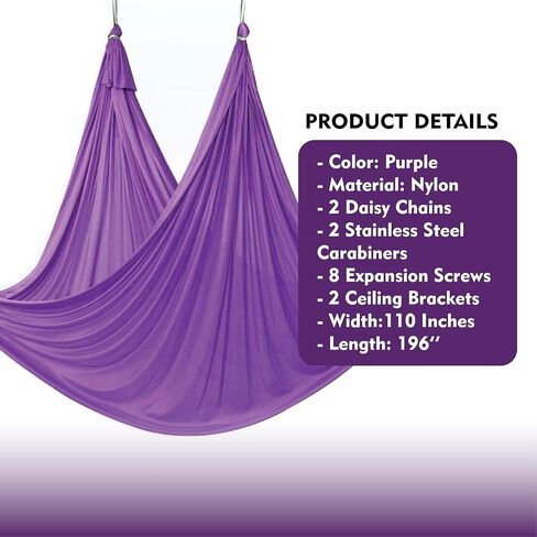 Aerial Silks Kit - 2 Daisy Chains, 2 Stainless Steel Carabiners, 8 Expansion Screws For Concrete Structure, 2 Ceiling Brackets For Aerial Arts & Fitness With Guide, Soft Silk For Smooth Movement in Saudi Arabia