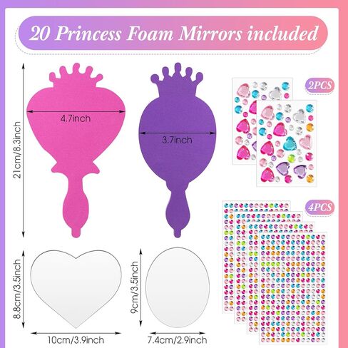 Geetery 20 Pcs Unbreakable Kids Mirror DIY Decorate Your Own Princess Mirror Mermaid Mirrors Princess Foam Mirrors Small Mirrors for Crafts Princess Party Decorations (Purple, Pink) in Kuwait