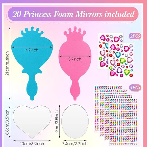 Geetery 20 Pcs Unbreakable Kids Mirror DIY Decorate Your Own Princess Mirror Mermaid Mirrors Princess Foam Mirrors Small Mirrors for Crafts Princess Party Decorations (Purple, Pink) in Kuwait