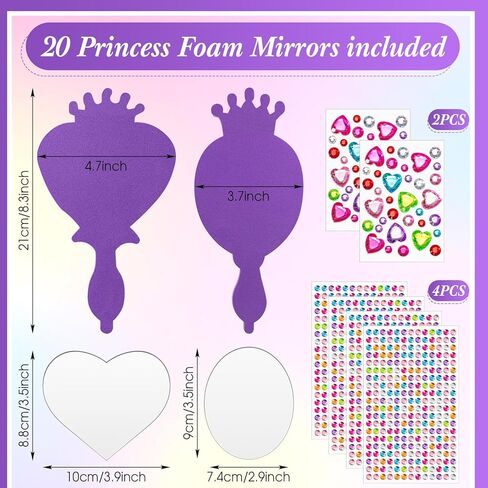 Geetery 20 Pcs Unbreakable Kids Mirror DIY Decorate Your Own Princess Mirror Mermaid Mirrors Princess Foam Mirrors Small Mirrors for Crafts Princess Party Decorations (Purple, Pink) in Kuwait
