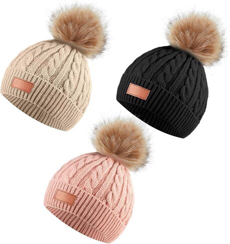 3 Pieces Kids Knitted Woolen Hat Winter Warm Pom Pom Beanie Cap Knit Hat with Detachable Pom for 1-3 Years Old Girls Boys in Saudi Arabia