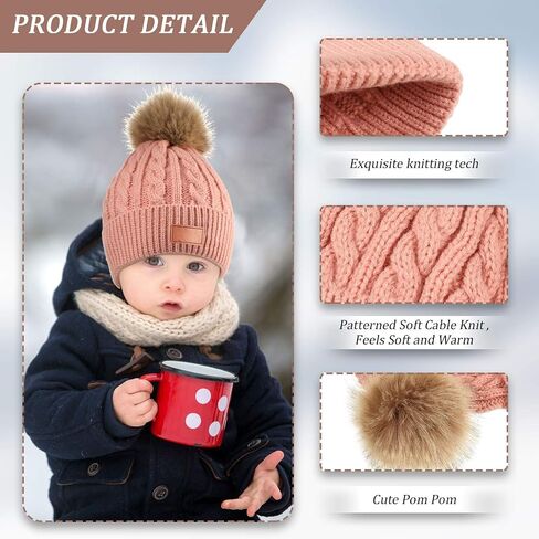 3 Pieces Kids Knitted Woolen Hat Winter Warm Pom Pom Beanie Cap Knit Hat with Detachable Pom for 1-3 Years Old Girls Boys in Saudi Arabia