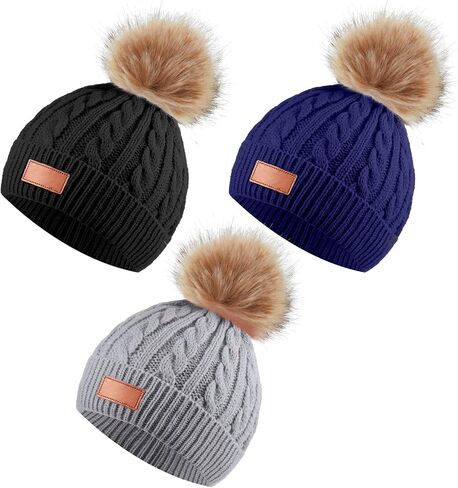 3 Pieces Kids Knitted Woolen Hat Winter Warm Pom Pom Beanie Cap Knit Hat with Detachable Pom for 1-3 Years Old Girls Boys in Saudi Arabia