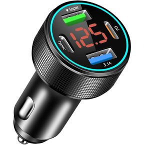66W USB C Car Charger 4 Port Car Charger Adapter with 30W PD, 3.1A Aluminium Alloy Car Cigarette Lighter USB Charger with LED Voltmeter Compatible with iPhone 15 14 13 Pro Max/Pro, Samsung S24/23/22