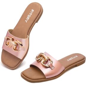FITORY Women's Flat Sandals Fashion Slides With Soft Leather Slippers for Summer Size 6-11