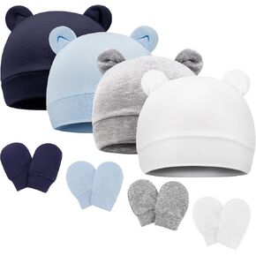 BQUBO Newborn Baby Bear Ears Hats and Mittens Sets Preemie Cotton Caps Baby Boy Girl Infant Hospital Beanie in Saudi Arabia