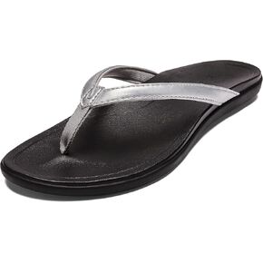 OLUKAI Ho'opio Leather Women's Beach Sandals, Full-Grain Leather Flip-Flop Slides, Modern Low Profile Design & Comfortable Fit