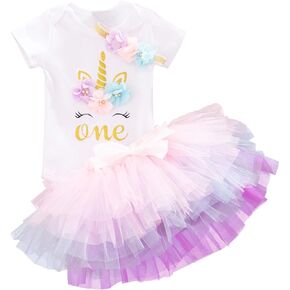 NNJXD Baby Girls 1st Birthday Unicorn Outfits Set Rainbow Tutu Skirt+ Unicorn T-Shirt+ Flower Headband(1 Years, #12 (Pink) 1 Year)