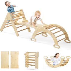 Olakids Climbing Toys for Toddlers 1-3 Inside, 5 in 1 Wood Foldable Pikler Triangle Set with Ramp Ladder Arch Slide, Baby Indoor Playground Jungle Gym Montessori Climbing Set for Kids
