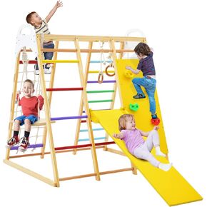 Costzon Indoor Jungle Gym, 8-in-1 Montessori Climbing Toys for Toddlers with Slide, Climbing Rock/Net, Monkey Bars, Indoor Wooden Playground Climber Playset for Kids 3-6 Years Birthday