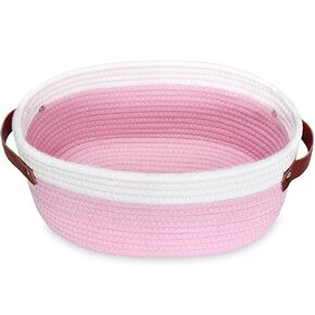 ABenkle Small Woven Basket, Cute Small Basket, Rope Room Shelf Storage Basket, Cat Dog Toys Basket Chest Box, Empty Decorative Gift Basket with Leather Handles, 11.4"x 7.48" x 5.1"