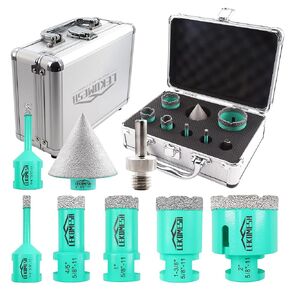 Diamond Core Drill Bits Set 8pcs Tile Hole Saw Kit for Porcelain Tile Ceramic Marble Brick Concrete with 5/8-11 Thread(6/6/20/25/35/50mm+50mm Beveling Chamfer Bit+Triangle Shank Adapter)