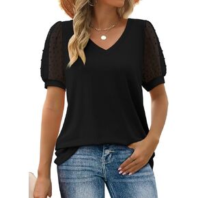Aokosor Womens Summer Tops V Neck T Shirts Swiss Dot Puff Sleeve Tops Loose Casual Tshirts