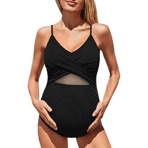 Summer Mae Ribbed Maternity Swimsuit One Piece Mesh Hollow Out Pregnancy Bathing Suit Front Cross Swimwear