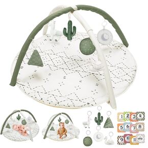 Tummy Time Activity Mat, Macrame Baby Play Gym Mat with 6 Detachable Toys and 12 Milestone Cards for Stage-Based Sensory and Motor Skill Development, Washable Play Mats for Infant, Non Slip Play Mat