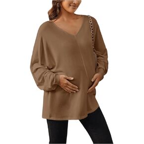 OYOANGLE Women's Maternity V Neck Long Sleeve T-Shirt Pregnancy Tunic Shirts Oversized Tops