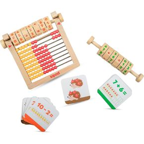 kipod Math & Roll Game Includes Wooden Abacus, Number Wheel and Playing Cards- Early Learning Logic, Addition, Subtraction, Multiplication and Division- Montessori Toy for Kids 4+