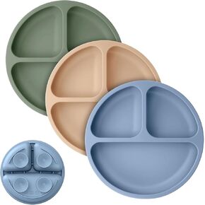 Cutebe 3 Pack Suction Plates for Baby Food Grade Silicone Baby Plates with Suction Microwave & Dishwasher Safe Toddler Plates Divided Design & Raised Edges Toddler Dishes for Feeding