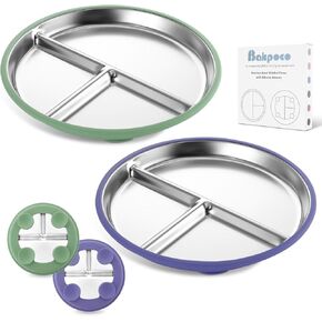 Stainless Steel Toddler Plate with Suction, 9" Divided Plates with Removable Silicone Sleeves for Kids, Non Toxic & BPA Free | Non Slip | Unbreakable Baby Snack Dishes Set of 2, Blue & Gray