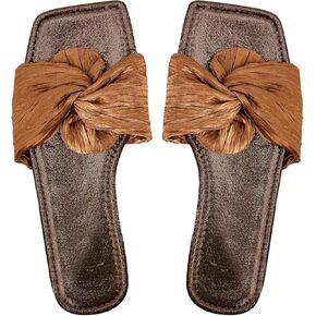 OYOANGLE Women's Metallic Twist Front Open Toe Flat Sandals Fashion Slide Sandals