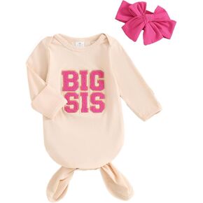 JBEELATE Newborn Baby Girls Boys Knotted Gown Long Sleeve Big Bro Lil Bro Big Sis Lil Sis Coming Home from Hospital Outfit