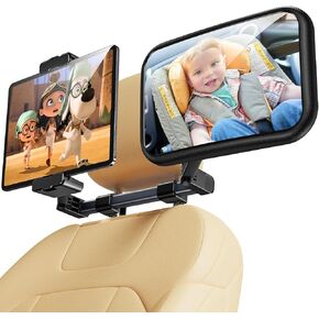 Baby Car Mirror, 2 in 1 Car Mirror for Baby with Tablet Holder for Car Headrest, Safe Baby Mirror for Car, Original Clarity for iPad Holder for Car, Baby Essentials, Crash Tested & Certified