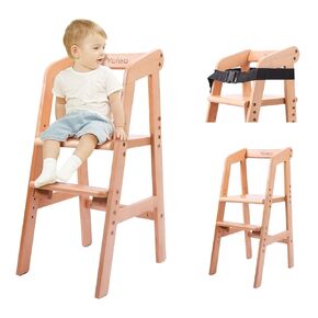 Wooden High Chair for Toddlers, Adjustable Feeding Chair with Removable Cushion for Child, High Chair Grows with Kid for Dining, Studying, Step Tool(Natural Color)