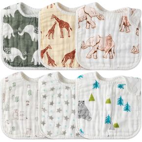 Zainpe 6Pcs Snap Muslin Cotton Baby Bibs Autumn Fall Leaf Fox Pattern Infants Drooling Bib Adjustable Burp Cloth Soft Absorbent Feeding Bib for Newborns Girls Boys Toddlers Teething Eating 0-36 Months