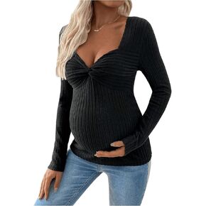 MakeMeChic Women's Maternity Tees Sweetheart Twist Rib Knit Long Sleeve Pregnancy Tee Shirt