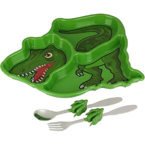 Funwares Engaging Green T-Rex Dinosaur Themed Kids' Dinnerware Set: Durable, Divided Plate, Ideal for Picky Eaters, Educational Mealtime, Easy Cleaning, Gift for Toddlers