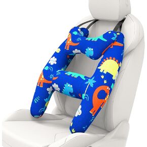 Car Pillow for Kids, H-Shape Car Back Seat Kids Travel Pillow for Sleeping, Adjustable Neck, Head, and Body Support Cushion for Long Trips, Travel Car Seat Pillow for Children(Blue Dinosaur)