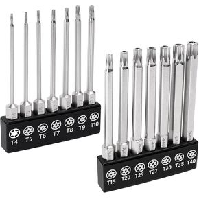 MulWark 14PC Security Torx Bit Set 3" Long Tamper Proof Star Screwdriver Bit Set 1/4" Hex Shank S2 Steel T4 - T40 Magnetic Impact Driver Drill Bits