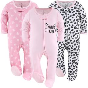 The Peanutshell Footed Sleepers for Baby Girls, Cheetah & Pink Hearts, Newborn to 12 Month