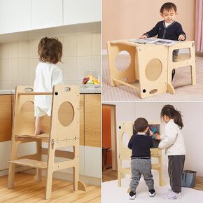 Toddler Tower Step Stool for Kids Kitchen Stool Helper Toddler Standing Tower Foldable Toddler Table Kids Table and Chair Set 4 in 1 Montessori Helper Tower Natural
