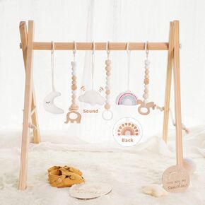 Baby Gym with Mat, Wooden Play Gym with 9 Sensory Toys, Foldable Baby Play GymFrame Activity Center, Natural Pine Wood, Montessori Toys, Easy to Assemble & Clean, Natural Color