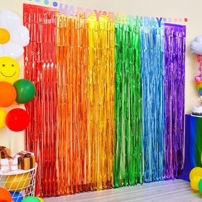 LOLStar Rainbow Foil Fringe Curtains, 2 Pack Rainbow Party Decorations 3.3x6.6ft Tinsel Metallic Streamers Holiday Photo Booth Props Backdrop for Birthday Wedding Engagement Bridal Shower Unicorn