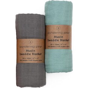 Organic Baby Muslin Swaddle Blankets for Boy or Girl - Eucalyptus Leaves and Sage Swaddling Blanket 2 Pack - Soft Muslin, XLarge and Breathable, Boho Baby, 47" X 47"