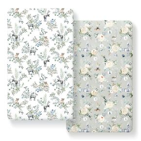 GRSSDER Stretch Ultra Soft Jersey Knit Fitted Crib Sheets Set 2 Pack，Fit All Standard Crib Mattress Pads Safe and Snug, Crib Fitted Sheet for Girls, Beautiful Blush Pink Floral and Cute Animals Print