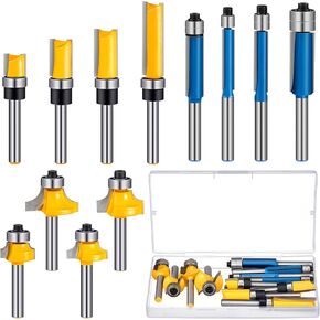 12 Pcs Router Bits Including 4 Flush 4 Roundover 4 Pattern Flush Trim Router Bits, All 1/4 Shanks, Ideal for Cutting on Wooden Materials, 4 Sizes, 3styles