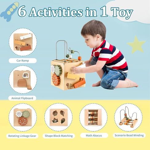Wooden Space Toy for Baby 1 Year Old, Montessori Toy for Babies 12-18 Months, Toddler Rocket Toy Age 1-3, Sensory Activity Cube Learning Toy, 1st Birthday Gift for Boys and Girls in Saudi Arabia