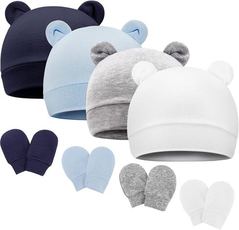 BQUBO Newborn Baby Bear Ears Hats and Mittens Sets Preemie Cotton Caps Baby Boy Girl Infant Hospital Beanie in Saudi Arabia