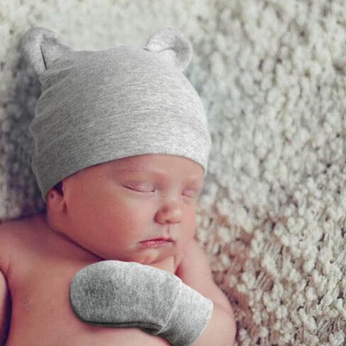 BQUBO Newborn Baby Bear Ears Hats and Mittens Sets Preemie Cotton Caps Baby Boy Girl Infant Hospital Beanie in Saudi Arabia