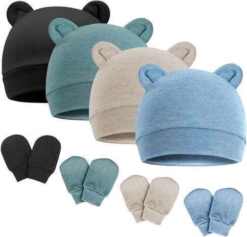 BQUBO Newborn Baby Bear Ears Hats and Mittens Sets Preemie Cotton Caps Baby Boy Girl Infant Hospital Beanie in Saudi Arabia