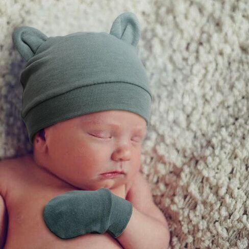 BQUBO Newborn Baby Bear Ears Hats and Mittens Sets Preemie Cotton Caps Baby Boy Girl Infant Hospital Beanie in Saudi Arabia