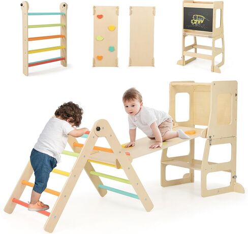 Olakids Climbing Toys for Toddlers 1-3 Inside, 5 in 1 Wood Foldable Pikler Triangle Set with Ramp Ladder Arch Slide, Baby Indoor Playground Jungle Gym Montessori Climbing Set for Kids in Saudi Arabia