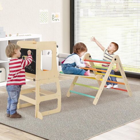 Olakids Climbing Toys for Toddlers 1-3 Inside, 5 in 1 Wood Foldable Pikler Triangle Set with Ramp Ladder Arch Slide, Baby Indoor Playground Jungle Gym Montessori Climbing Set for Kids in Saudi Arabia