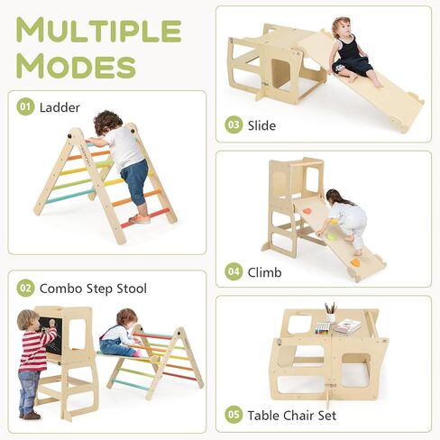 Olakids Climbing Toys for Toddlers 1-3 Inside, 5 in 1 Wood Foldable Pikler Triangle Set with Ramp Ladder Arch Slide, Baby Indoor Playground Jungle Gym Montessori Climbing Set for Kids in Saudi Arabia