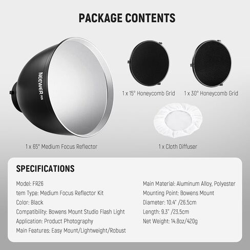 NEEWER 10.4″/26.5cm Medium Focus Reflector Bowens Mount with 15°/30° Honeycomb Grids & Soft Cloth, 45° Diffuser Lamp Shade Compatible with Godox NEEWER Studio Strobe Flash Light Speedlite, FR26 in Saudi Arabia